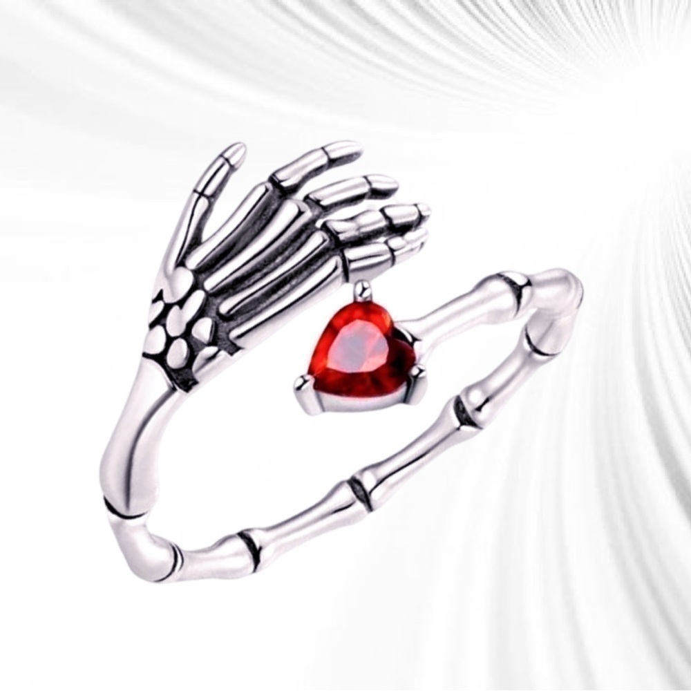 925 Skeleton Hand Ring Size 8 Red Crystal Heart Sterling Silver Gothic Romance
